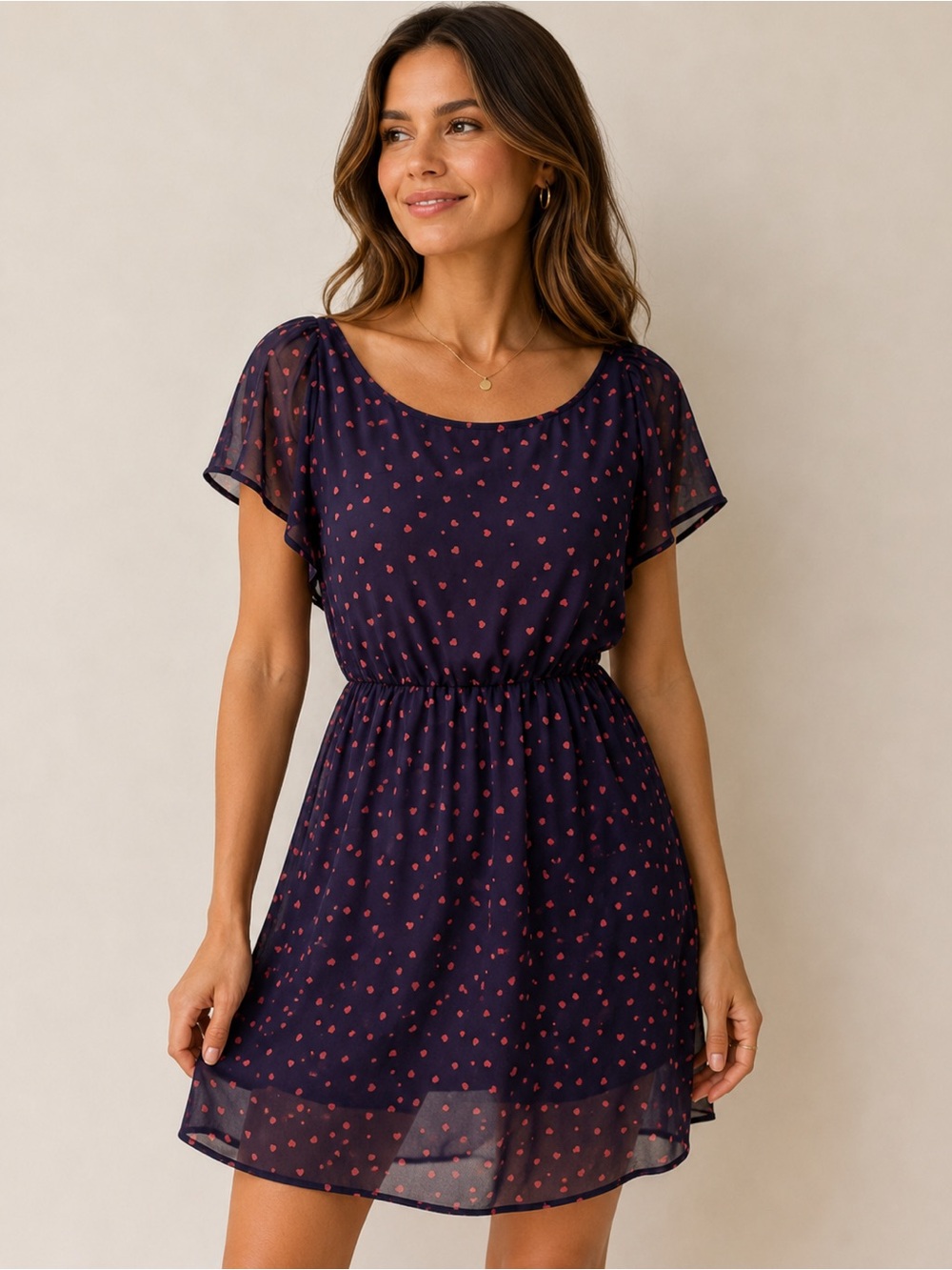 Forever 21 Navy Blue Red Heart Print Dress Blouson Short Sleeve Knee Length S